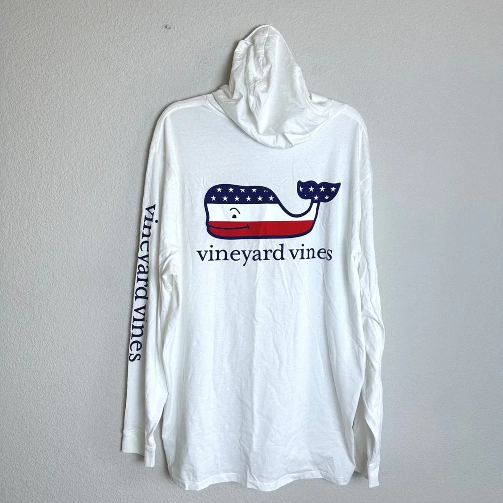 Vineyard Vines Mens XXL White Patriotic American Flag Whale Hoodie T-Shirt NWT